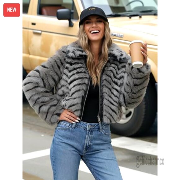 Faux Fur Coat Fluffy Cropped Oversized Shaggy Jacket Chic Winter Outerwear - Picture 2 of 7